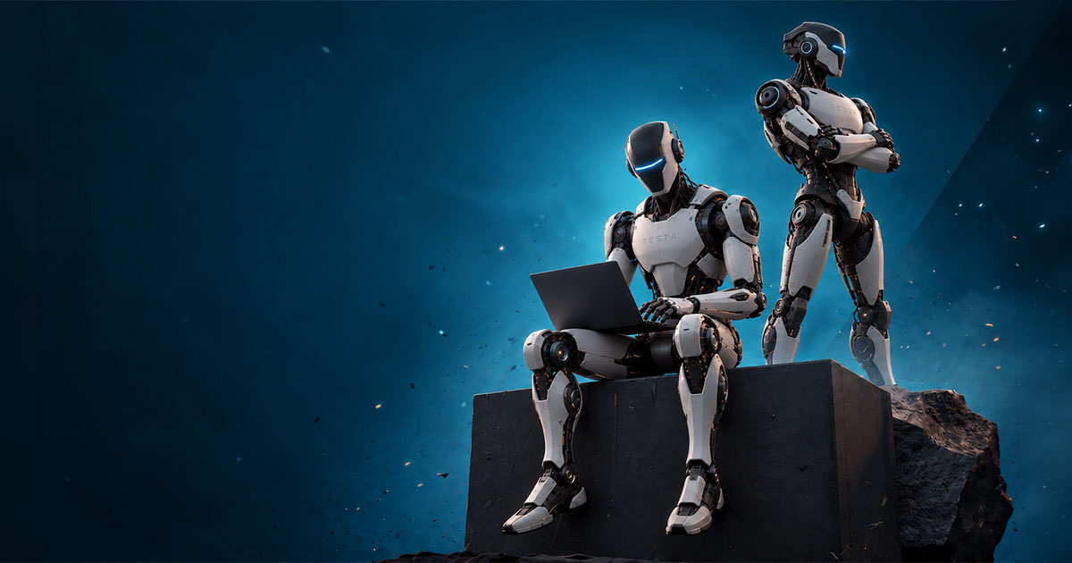 KI-generiertes Motiv aus dem Hero-Video von KIWEB.DESIGN: zwei Roboter mit Laptop