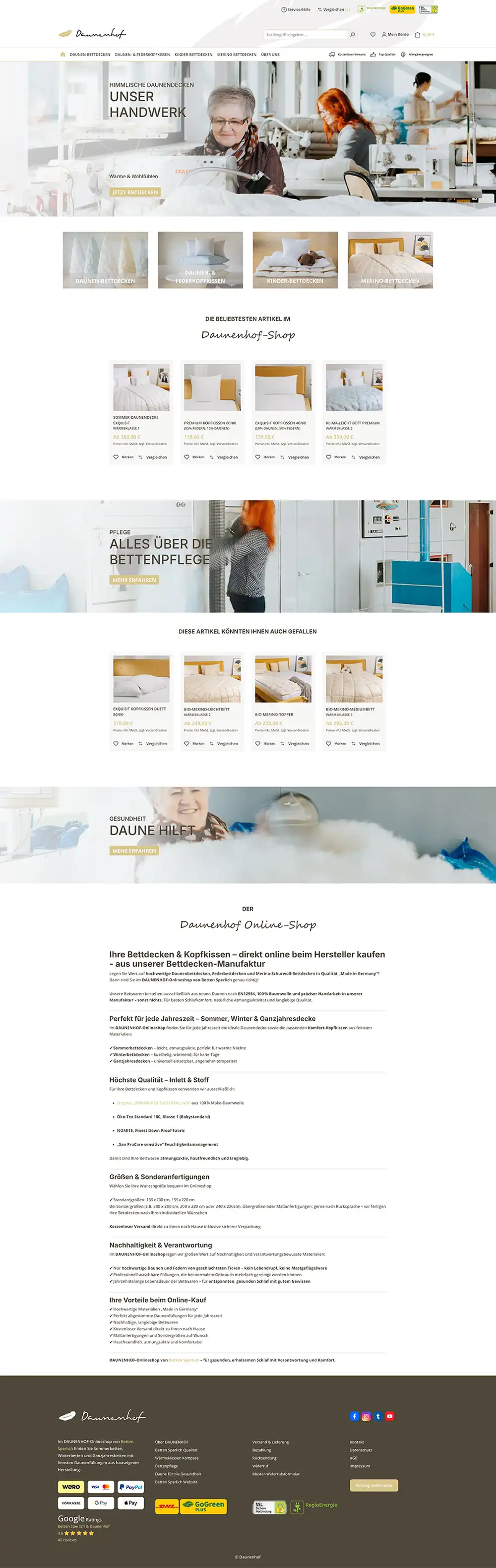 Webdesign-Referenz Daunenhof: Screenshot der Website (E-Commerce · Bettwaren)