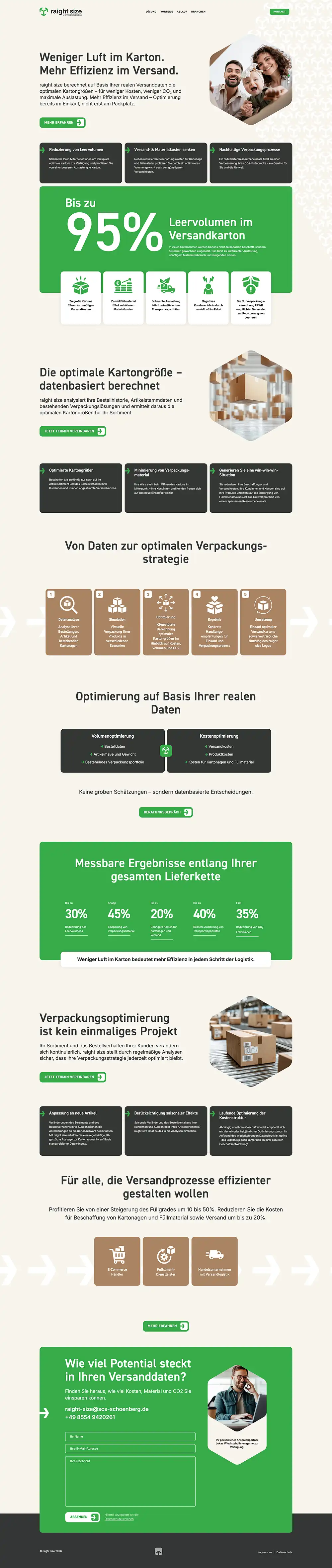 Webdesign-Referenz raight size: Screenshot der Website (Logistik · Verpackungsoptimierung)