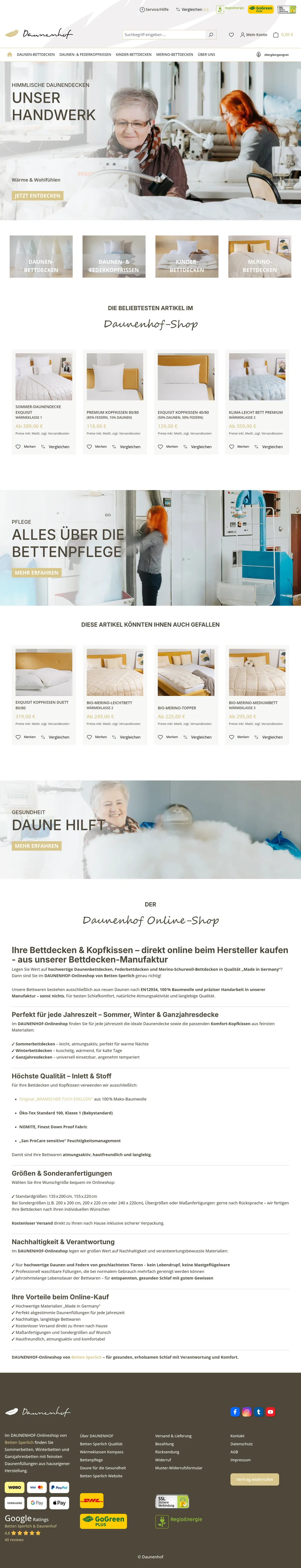 Webdesign-Referenz Daunenhof: Screenshot der Website (E-Commerce · Bettwaren)